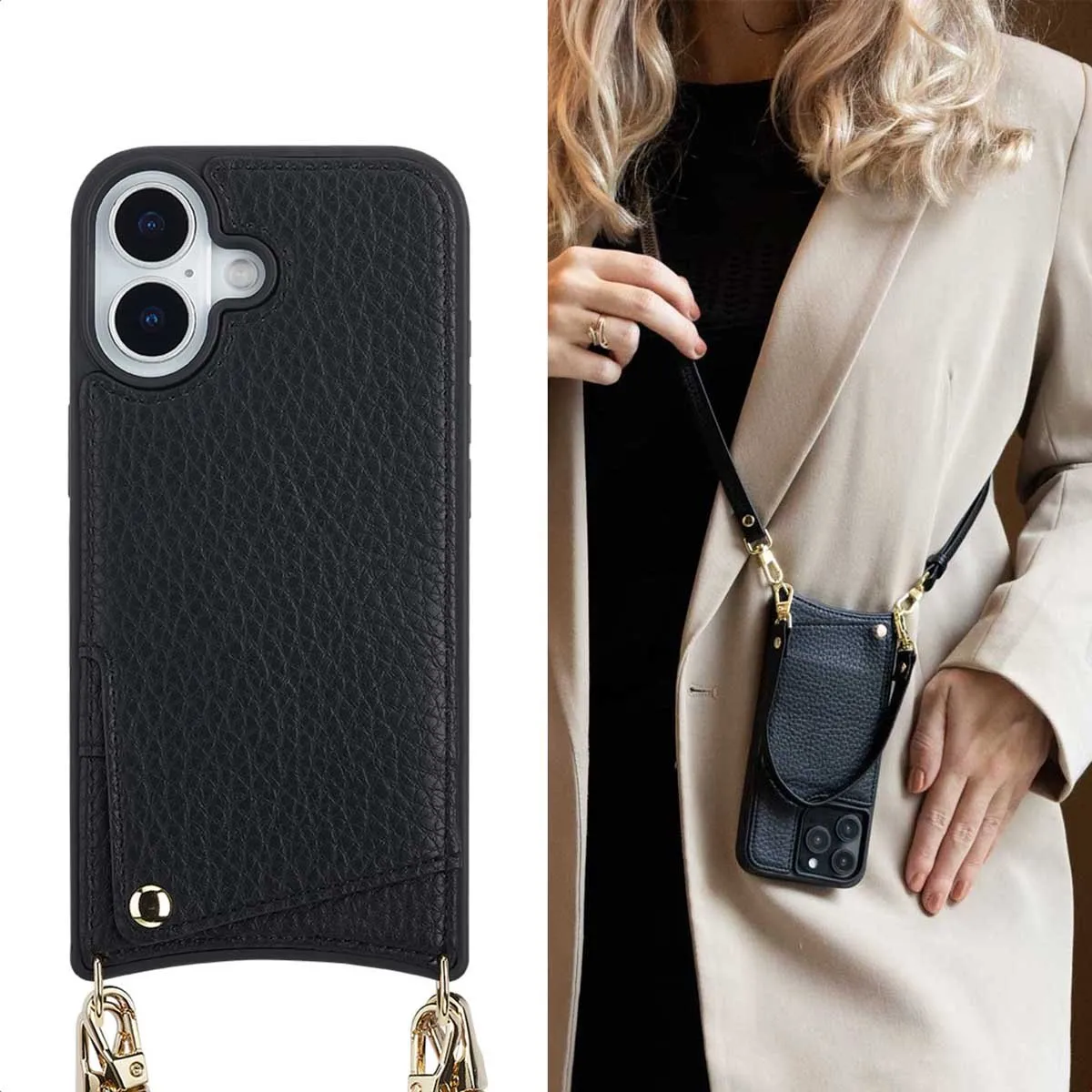 Selencia Hoesje iPhone 17 - Backcover met koord - 2 Pasjes - Zwart