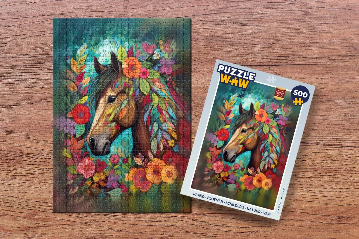 PuzzleWow Paard Bloemen Schilderij Natuur Verf Legpuzzel 500 Stuks - Multicolor