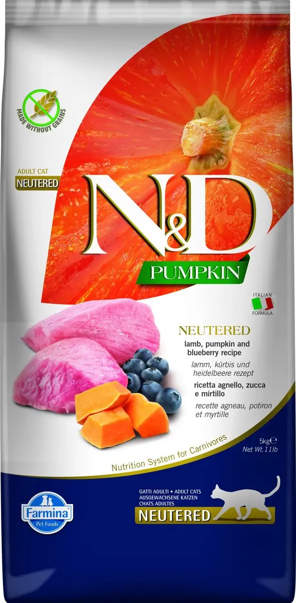 Farmina N&D Pumpkin Gecastreerde Kat Lam en Bosbes Adult 5 kg