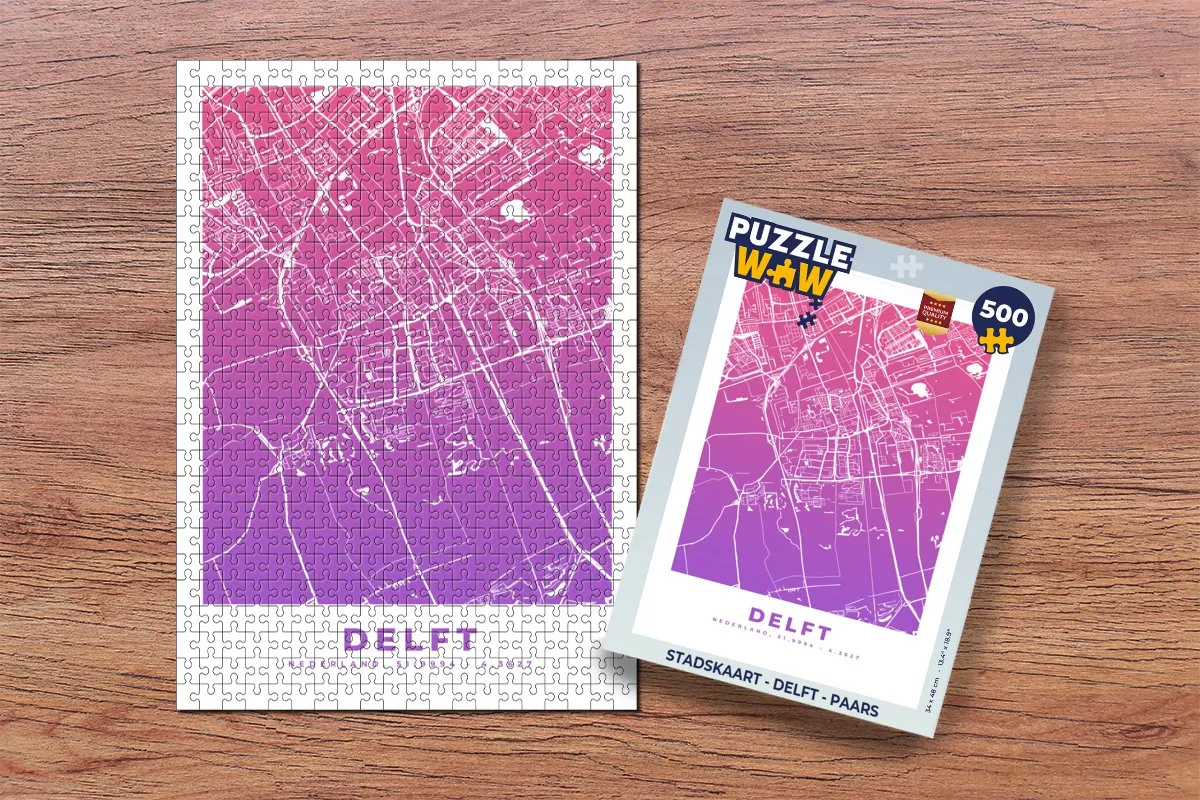PuzzleWow Stadskaart Delft Legpuzzel 500 Stuks - Paars