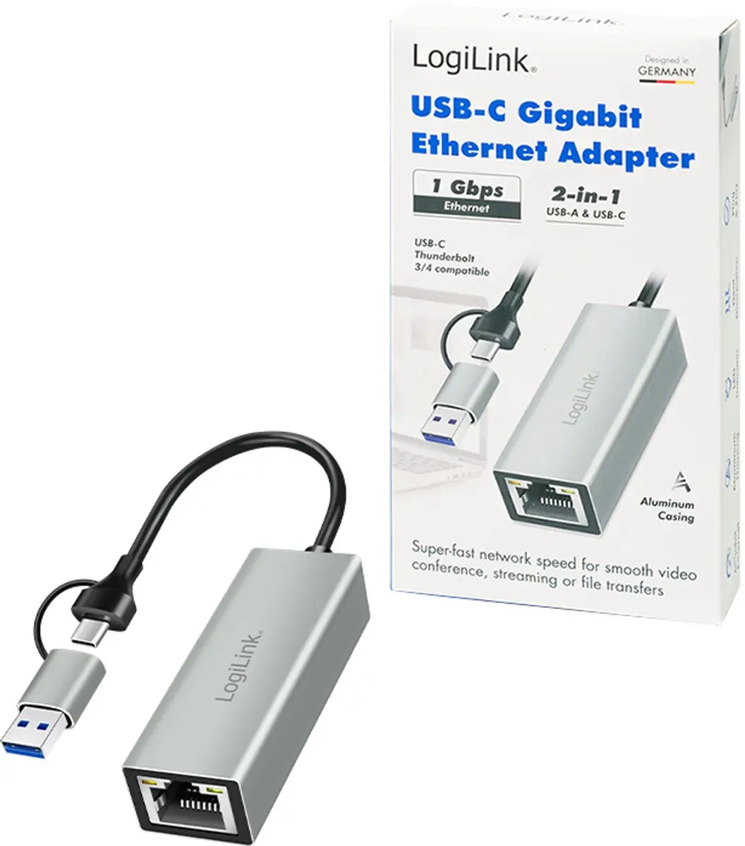 LogiLink UA0238B USB-C naar Gigabit Ethernet Adapter - Grijs - afbeelding 2 van 6