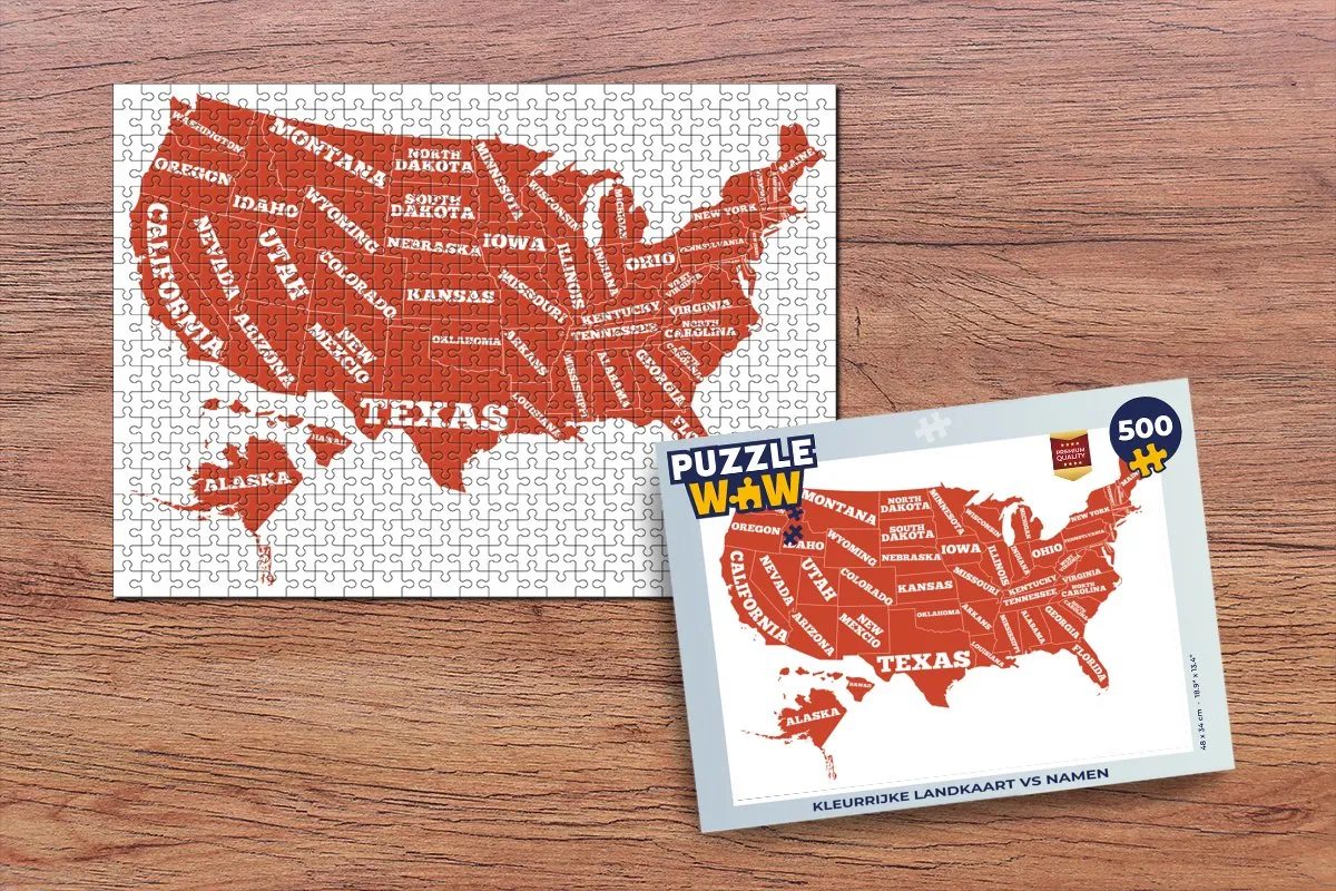 PuzzleWow Legpuzzel Kleurrijke Landkaart VS Namen 500 Stuks - Multicolor