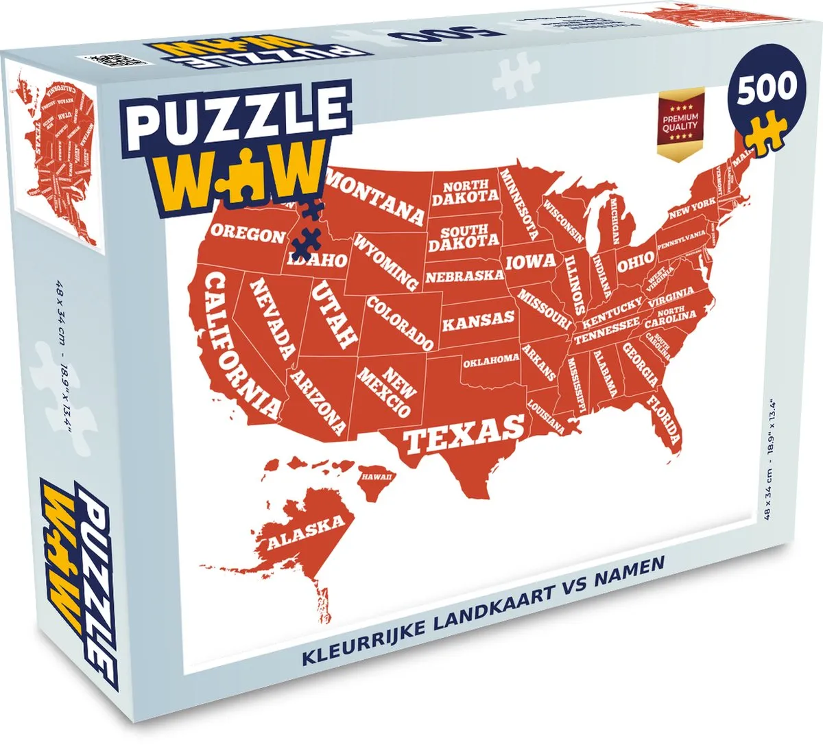 PuzzleWow Legpuzzel Kleurrijke Landkaart VS Namen 500 Stuks - Multicolor