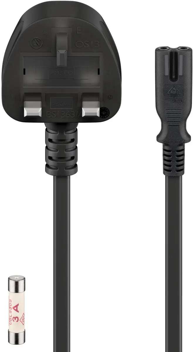 Goobay UK-netaansluitkabel 1,8m - 3-pins type G naar C7 - 3A zekering - afbeelding 3 van 5