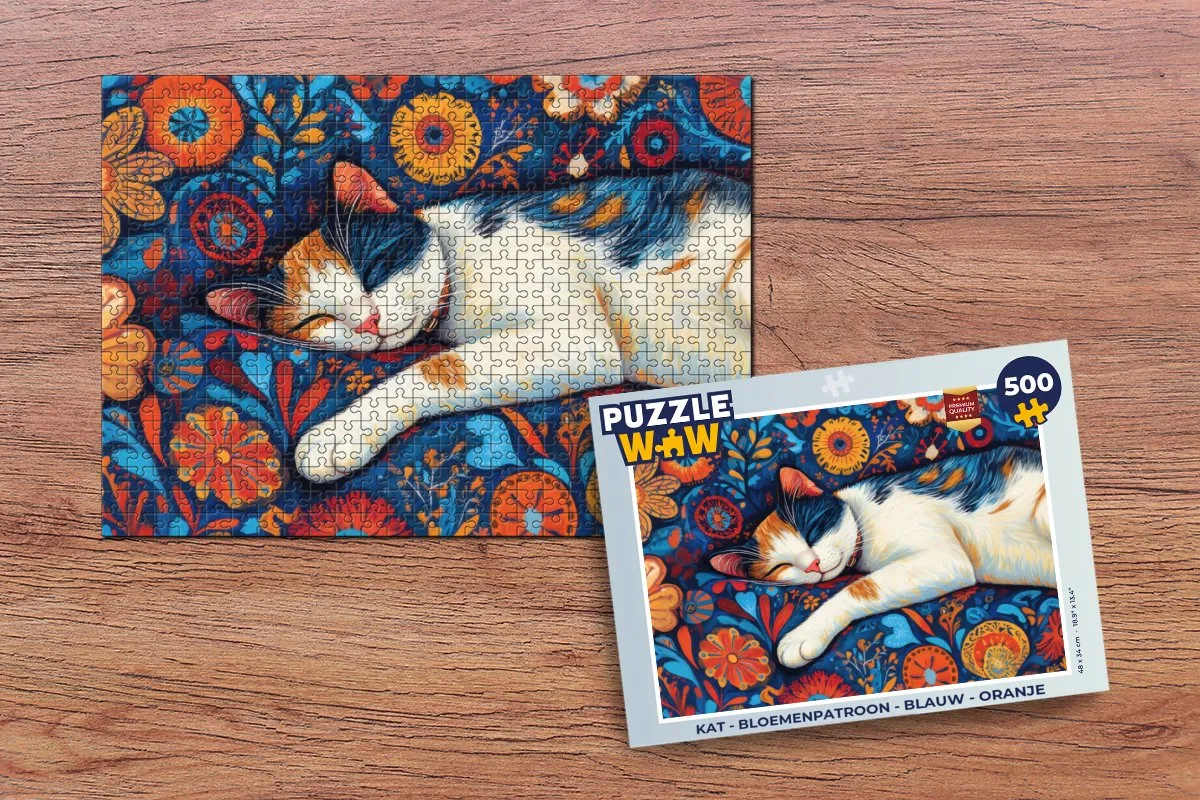 PuzzleWow Kat Bloemen Legpuzzel 500 Stuks - Blauw Oranje