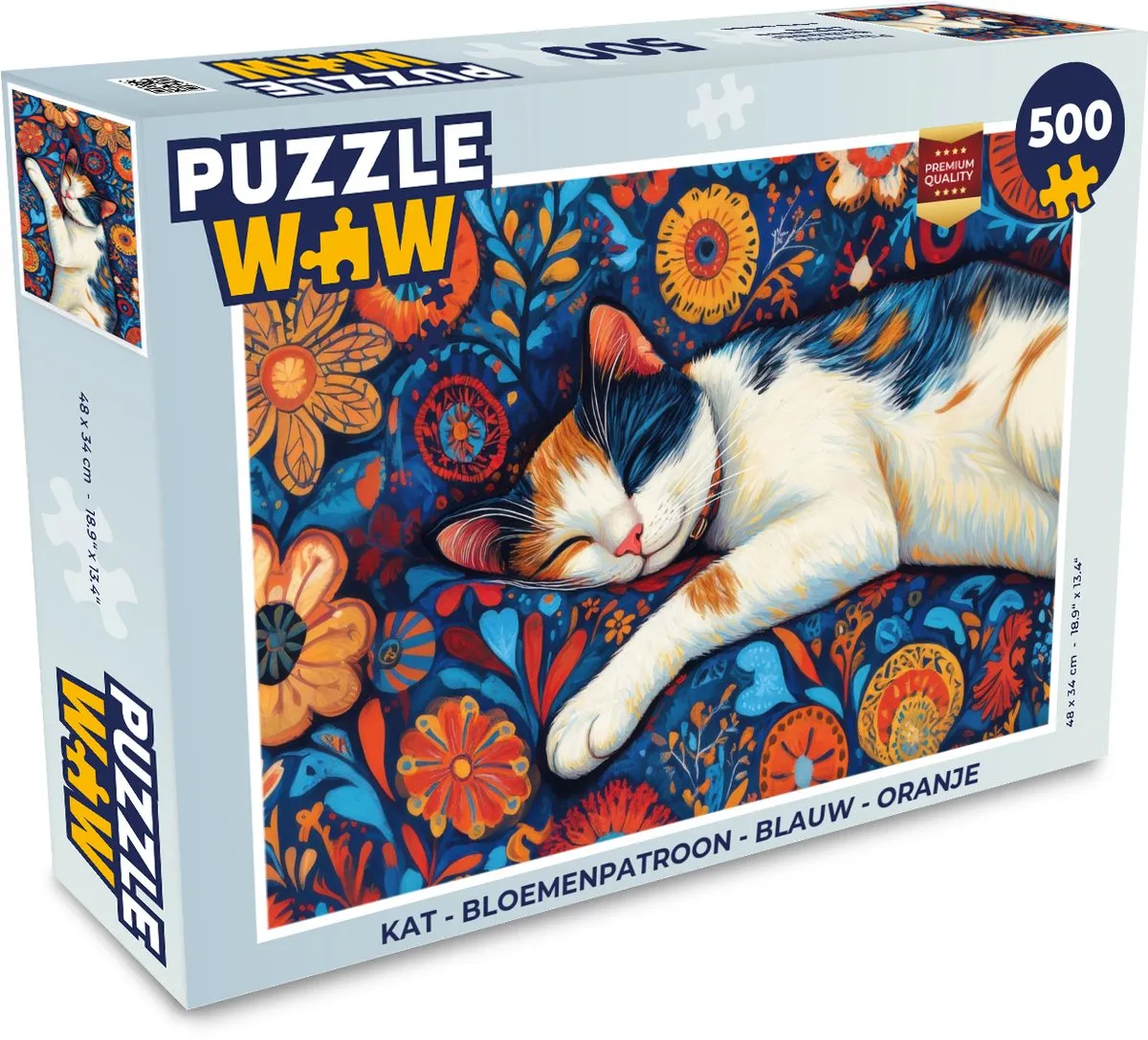 PuzzleWow Kat Bloemen Legpuzzel 500 Stuks - Blauw Oranje