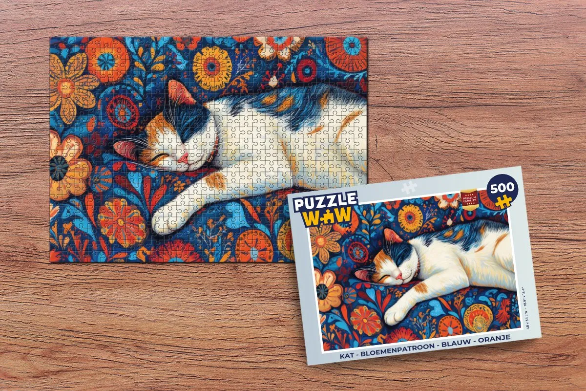 PuzzleWow Kat Bloemen Legpuzzel 500 Stuks - Blauw Oranje