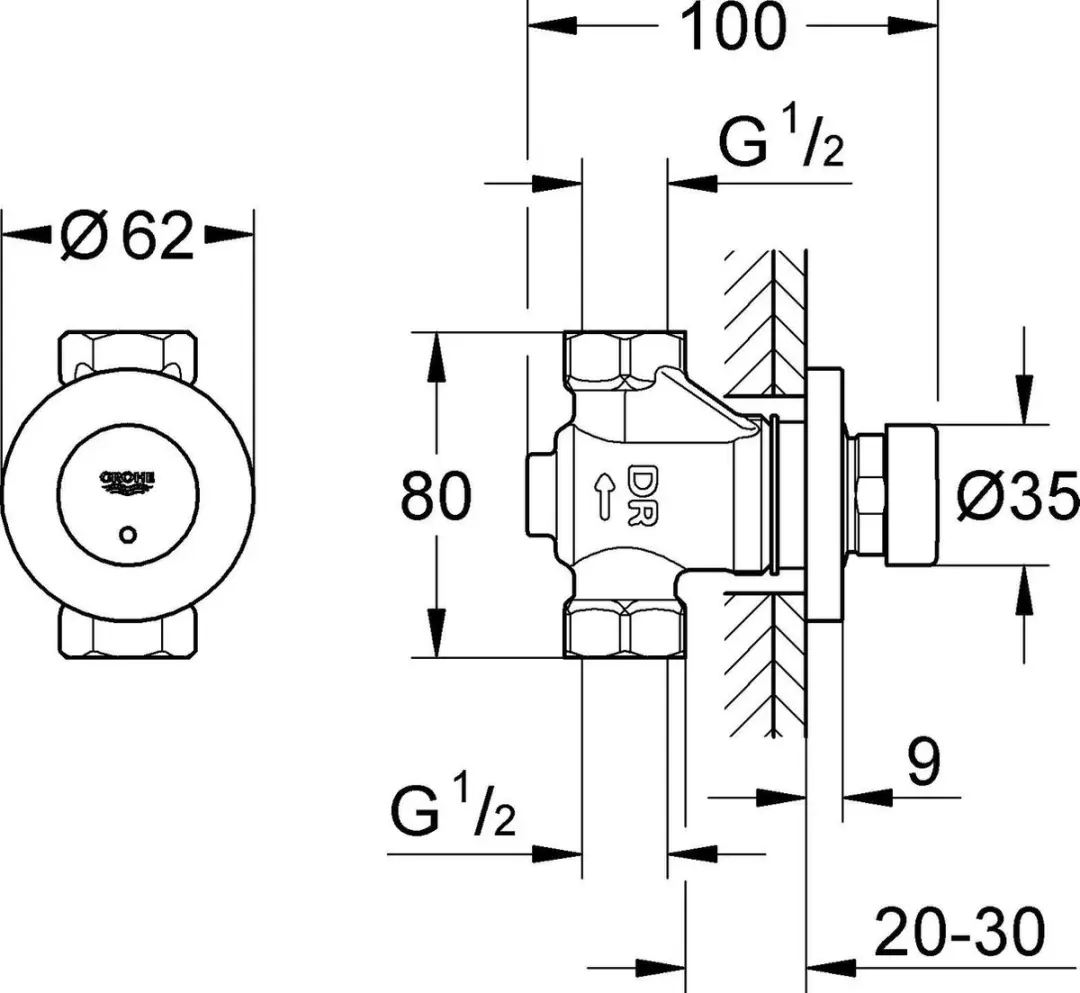 GROHE Eurosmart Cosmopolitan S Douchekraan 1/2" - Zelfsluitend - Chroom - afbeelding 2 van 3