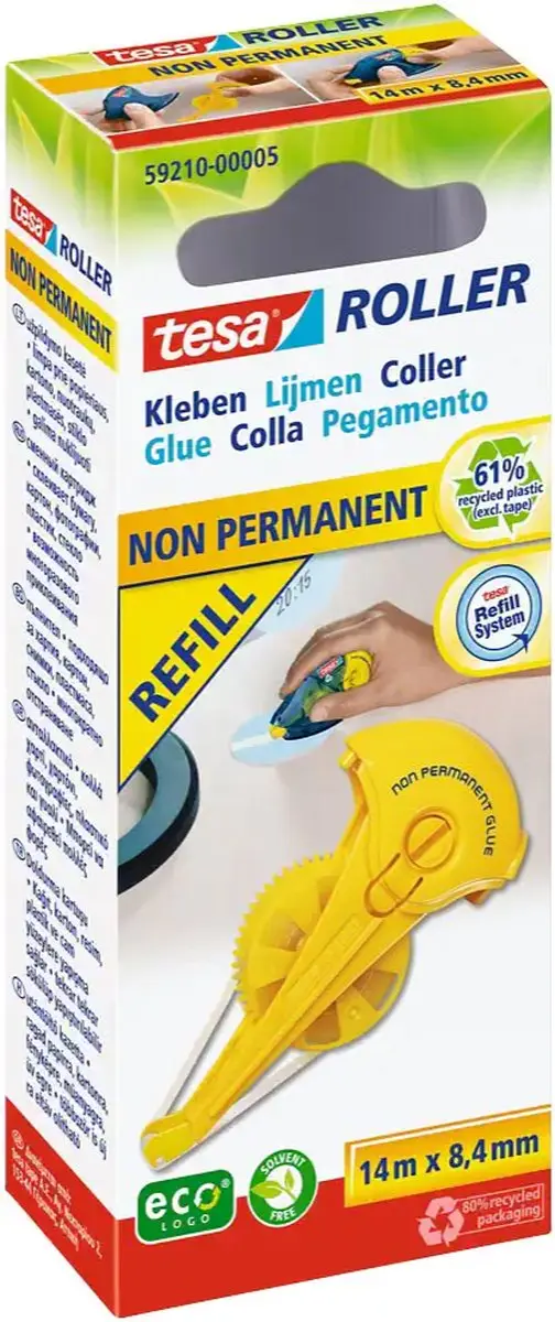 tesa® Lijmroller Niet-Permanent ecoLogo®, herplaatsbaar, 14m:8,4mm, navulsyste