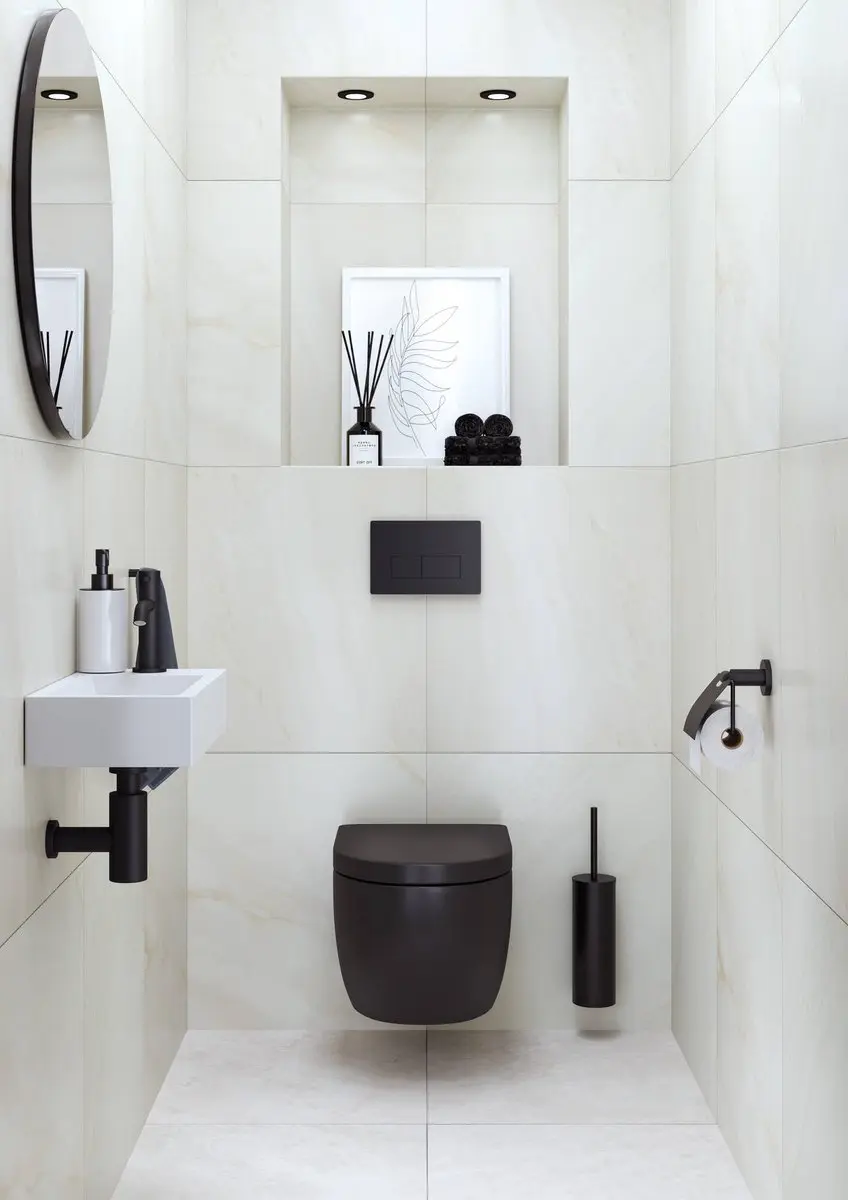 Saqu Square Fonteinset SELF9REURMZSET - Mat zwarte kraan rechts wit marmer - afbeelding 3 van 6