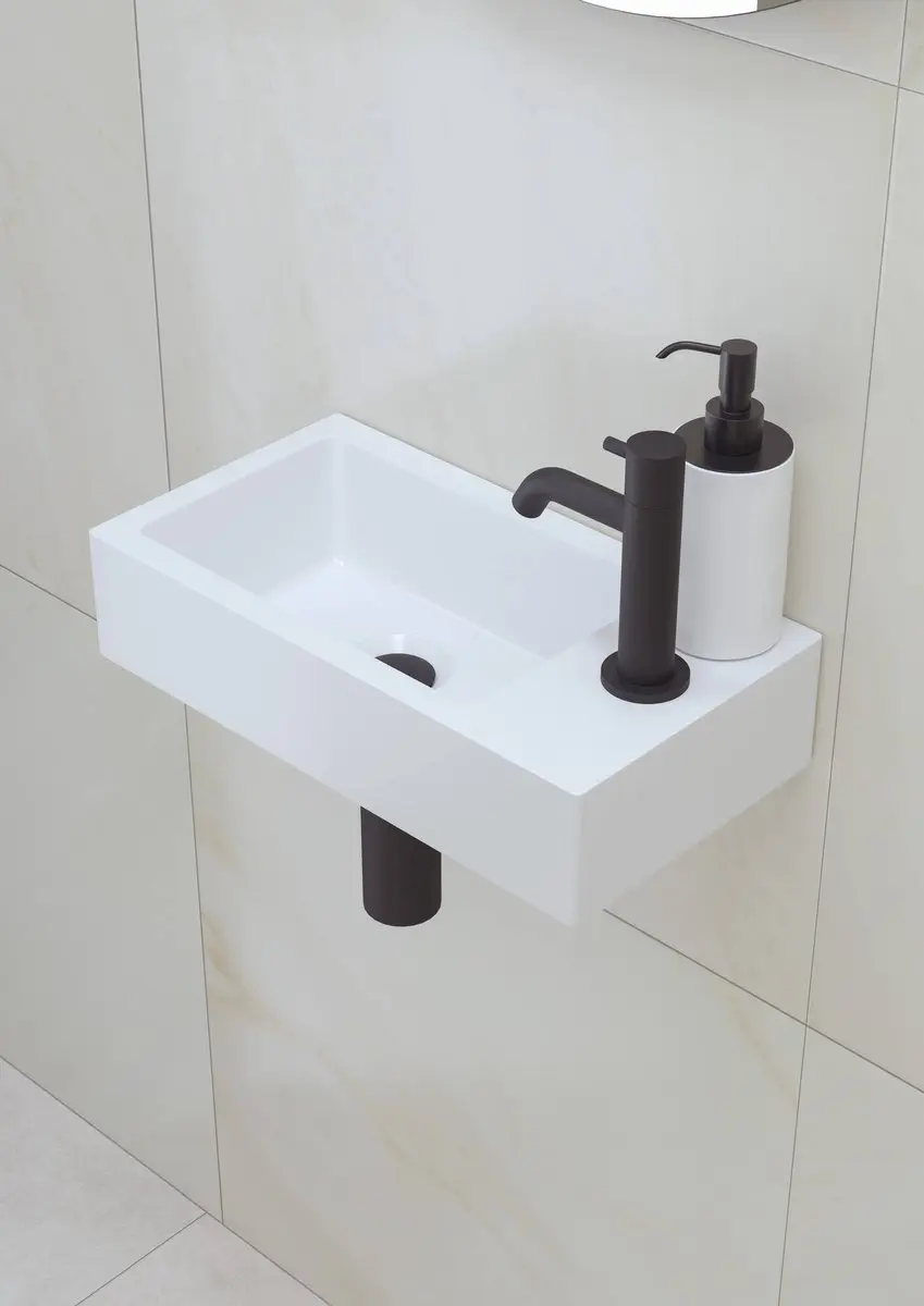 Saqu Square Fonteinset SELF9REURMZSET - Mat zwarte kraan rechts wit marmer