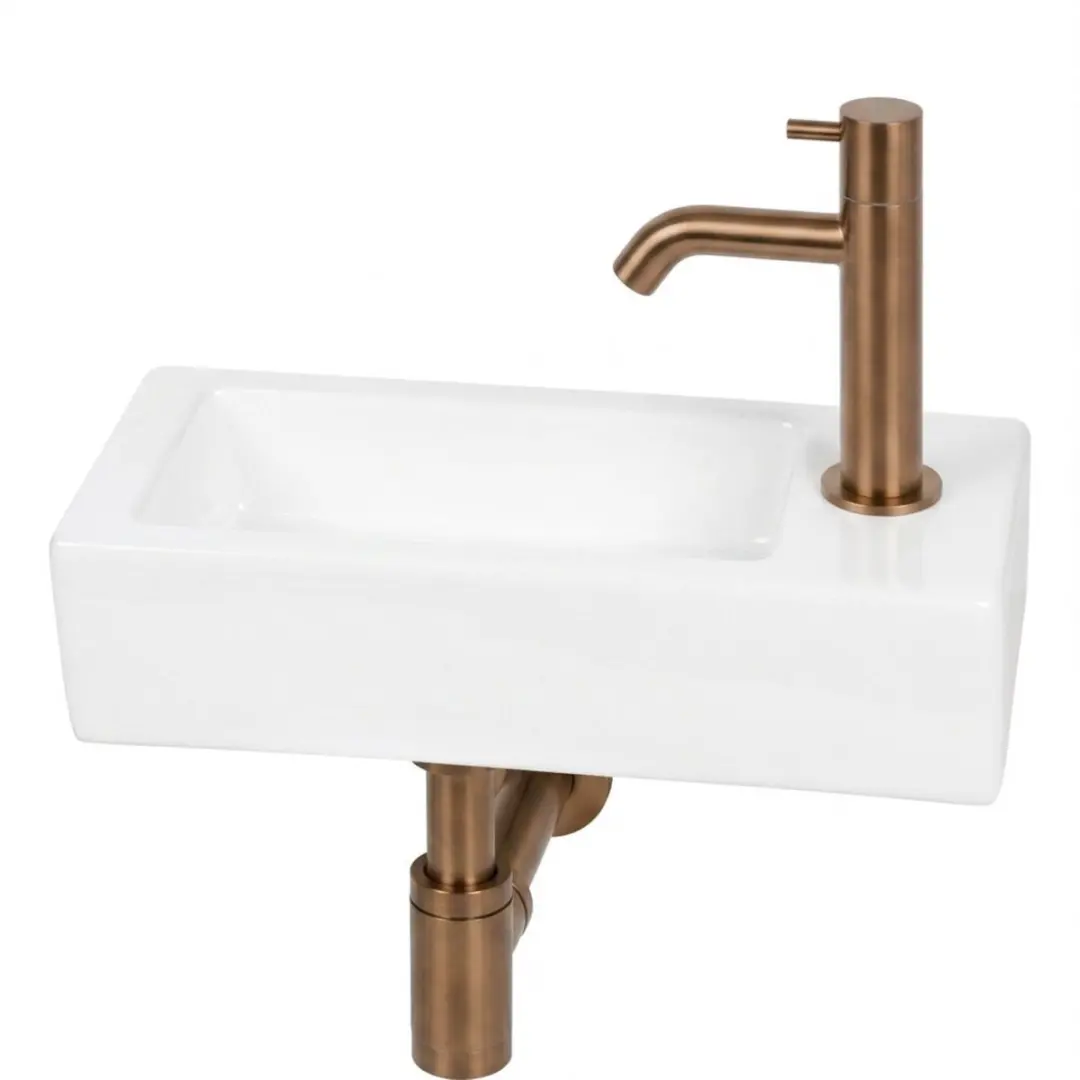 Saqu Trento fonteinset glans wit keramiek incl. geborsteld koperen kraan rechts