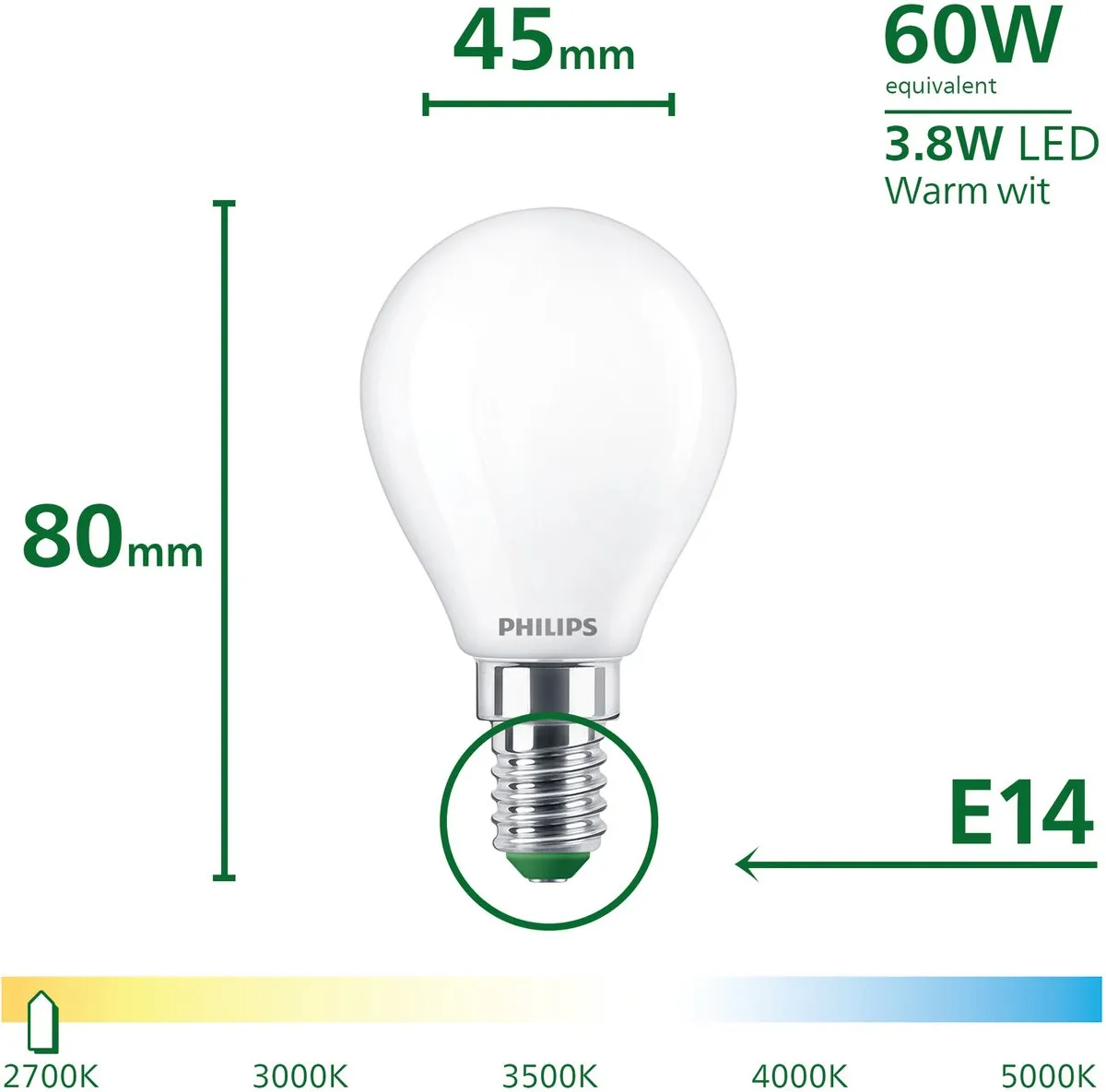 Philips UltraEfficient LED E27 3.8W Warmwit Mat P45