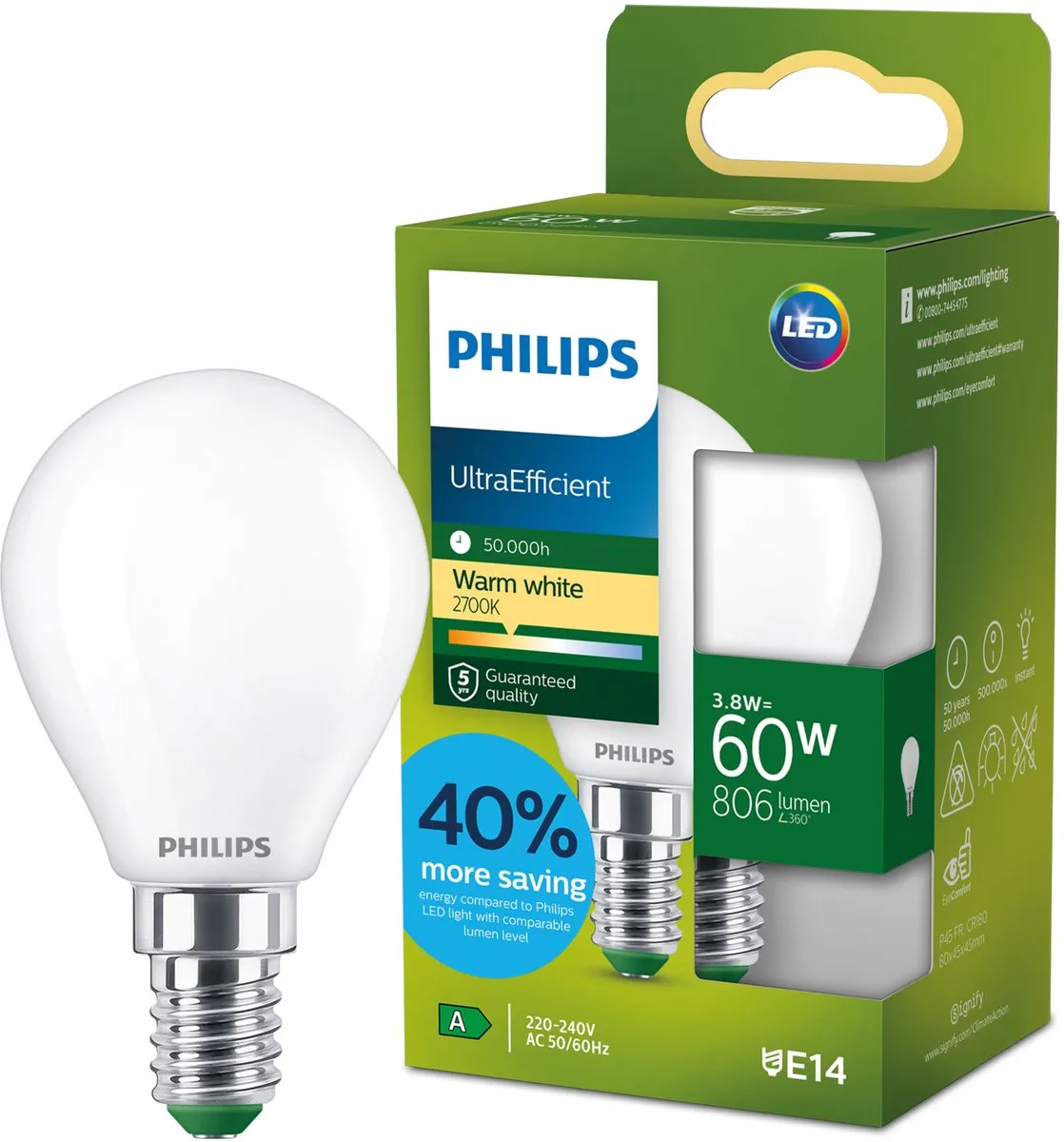 Philips UltraEfficient LED E27 3.8W Warmwit Mat P45