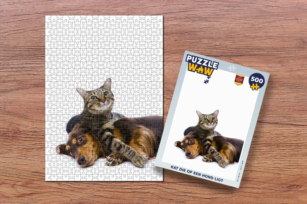 PuzzleWow Legpuzzel Kat op Hond 500 Stuks - Multicolor