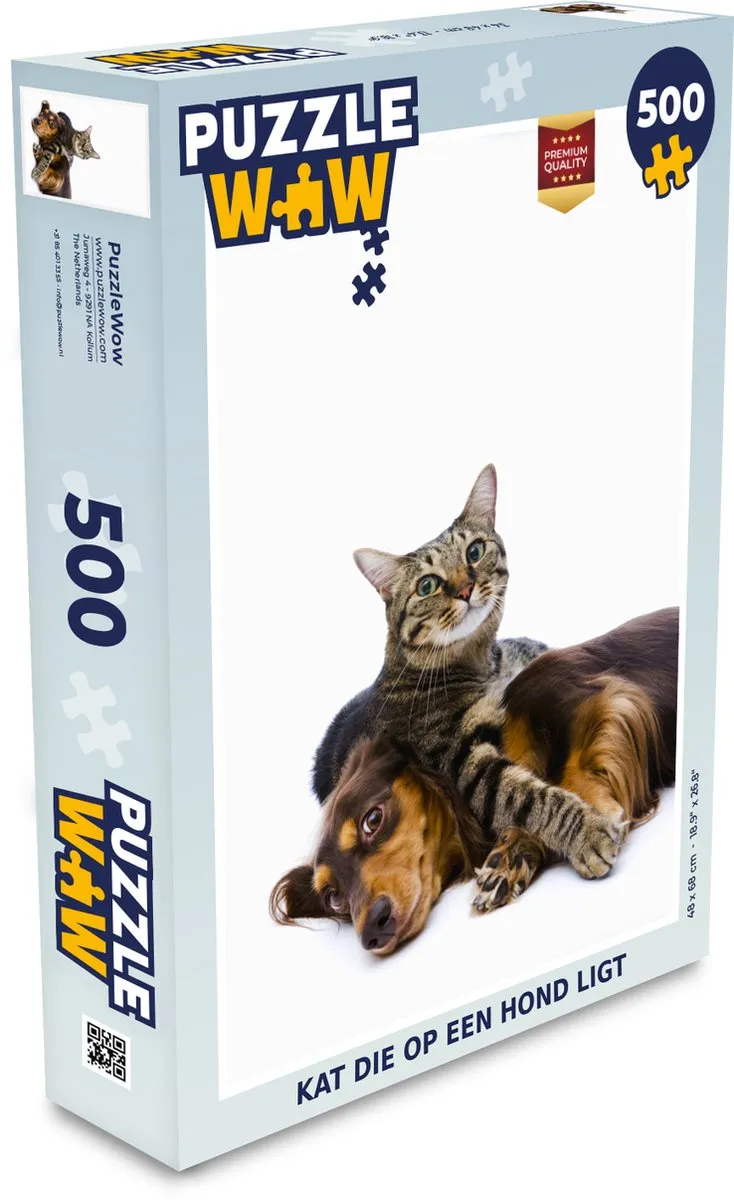 PuzzleWow Legpuzzel Kat op Hond 500 Stuks - Multicolor