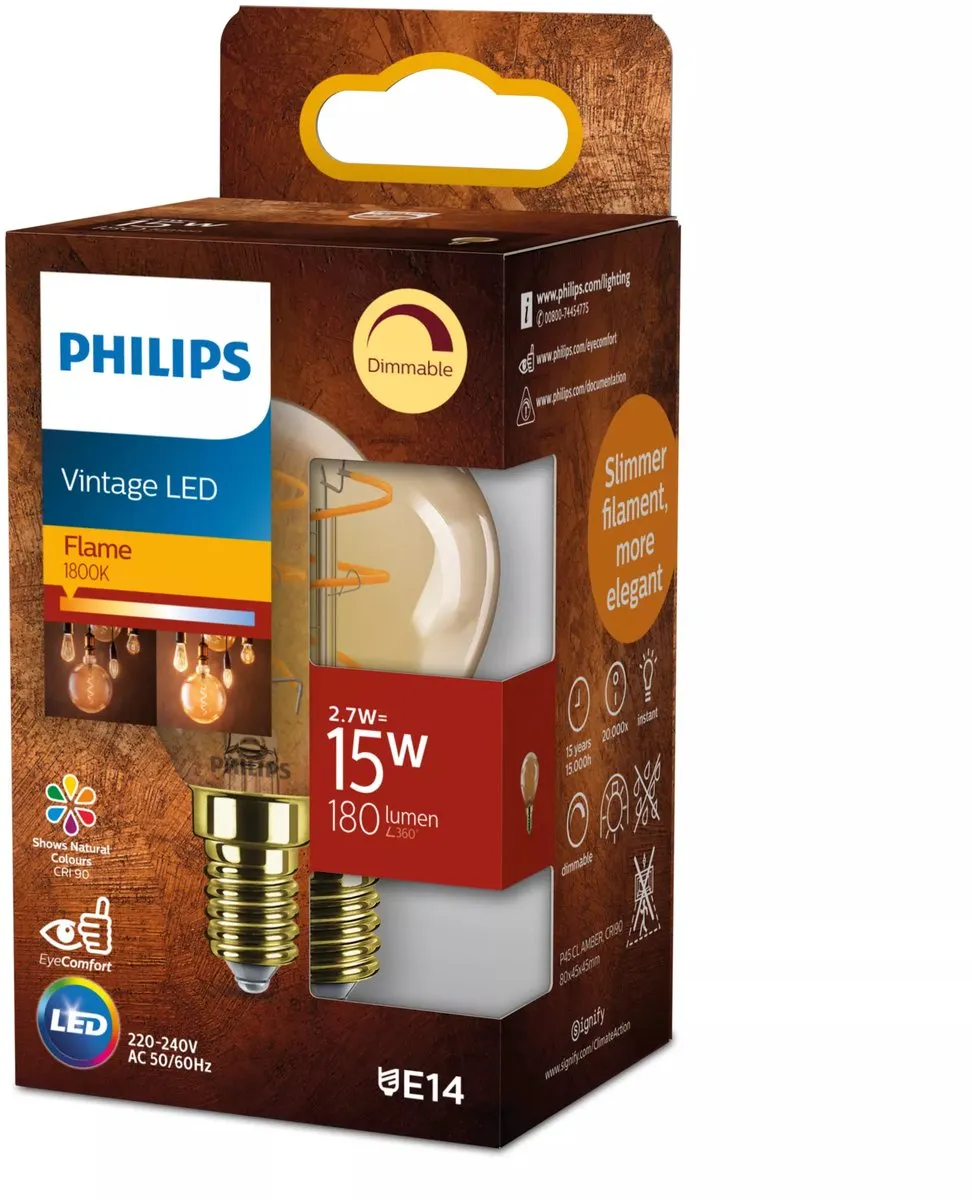 Philips Vintage LED Dimbare Lamp 15W - Extra Warmwit 1800K - E14 - Amber