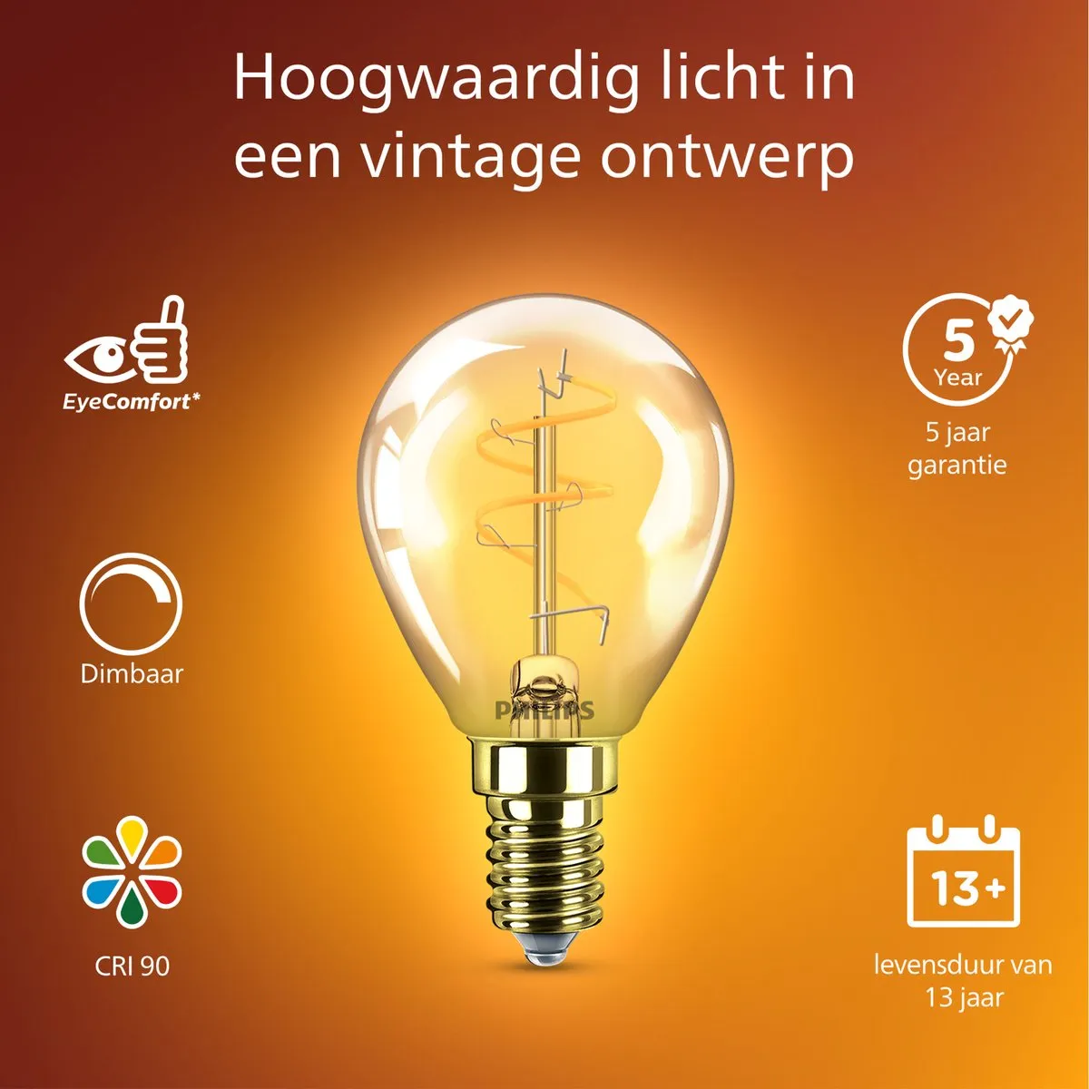 Philips Vintage LED Dimbare Lamp 15W - Extra Warmwit 1800K - E14 - Amber