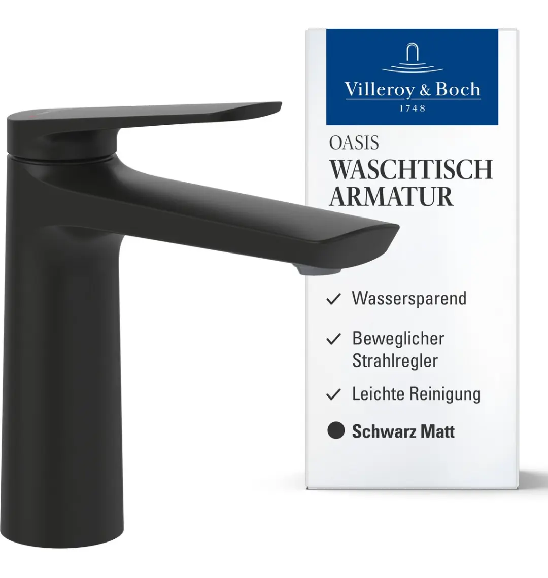 Villeroy & Boch Oasis wastafelmengkraan, waterbesparend, mat zwart, 114mm