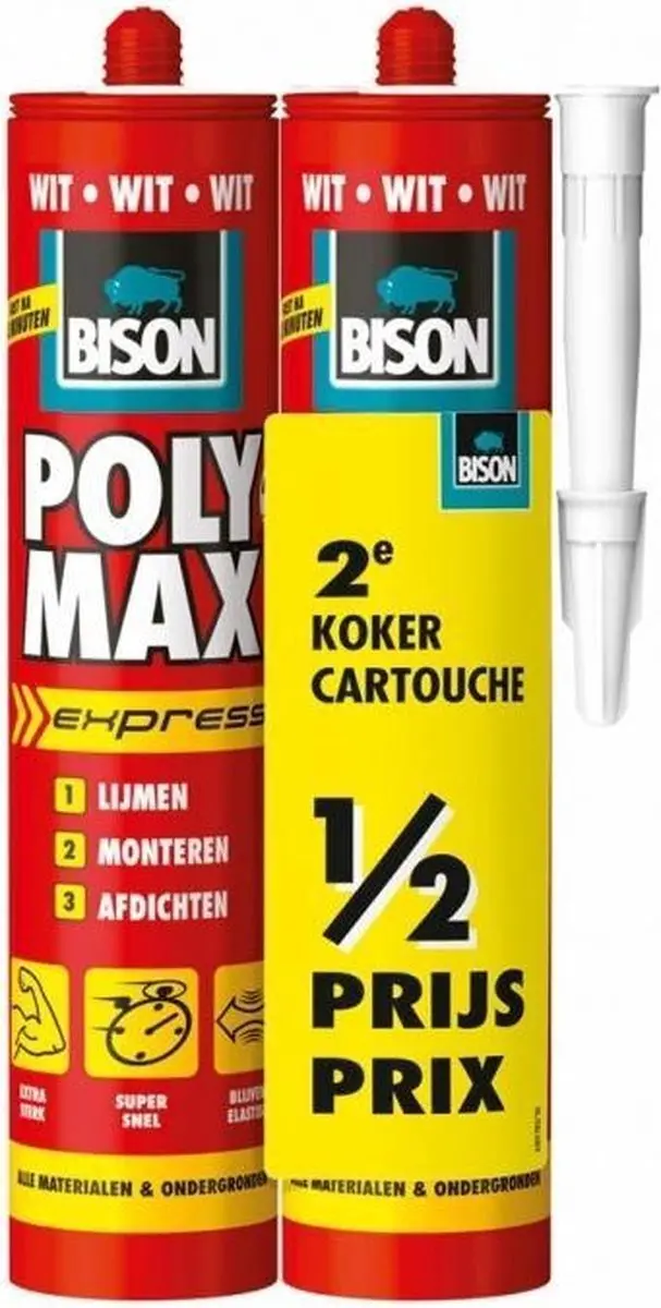 Bison Poly Max Express Wit 2x 425gr, duo verpakking, 2e koker halve prijs,