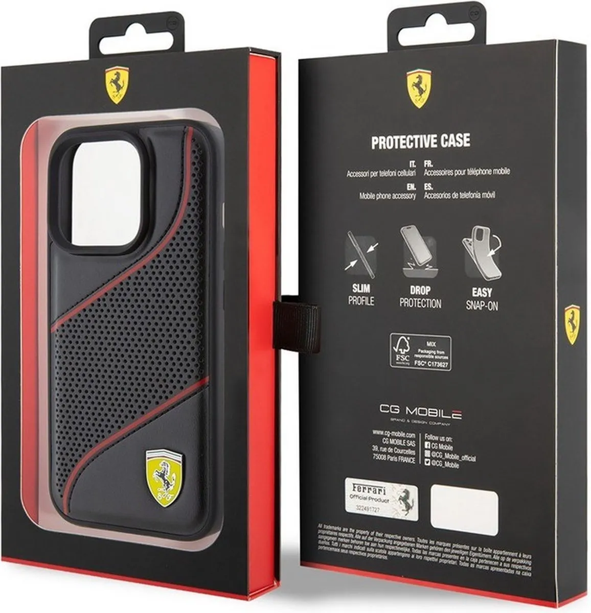 Ferrari PU Leather iPhone 15 Pro Hoes - Zwart Perforated Slanted Line