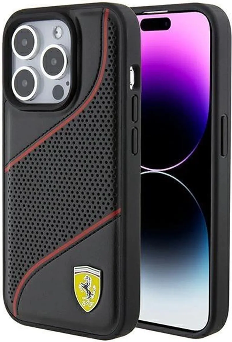 Ferrari PU Leather iPhone 15 Pro Hoes - Zwart Perforated Slanted Line