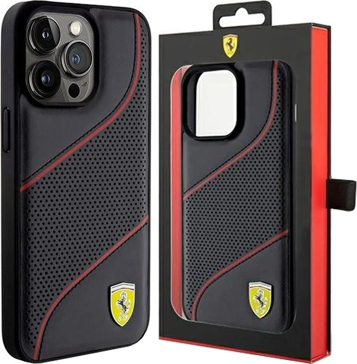 Ferrari PU Leather iPhone 15 Pro Hoes - Zwart Perforated Slanted Line - afbeelding 6 van 6