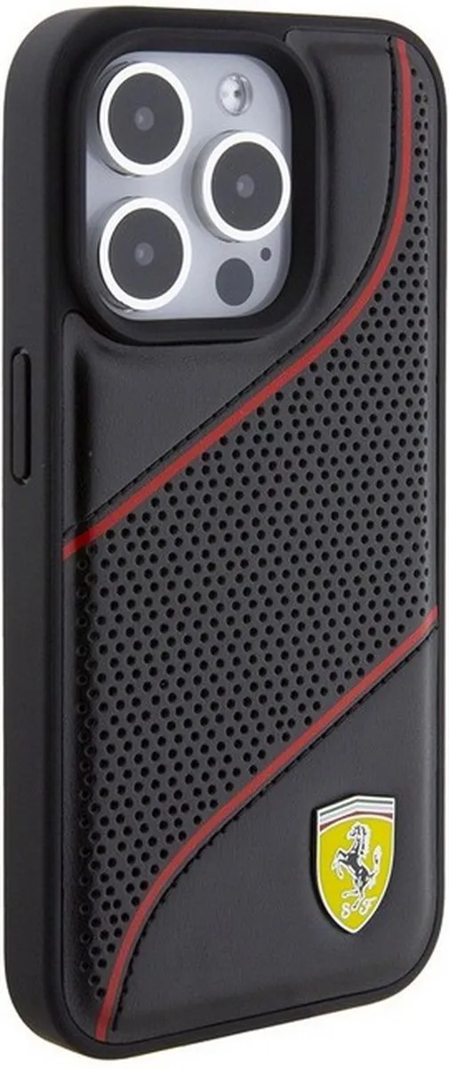 Ferrari PU Leather iPhone 15 Pro Hoes - Zwart Perforated Slanted Line
