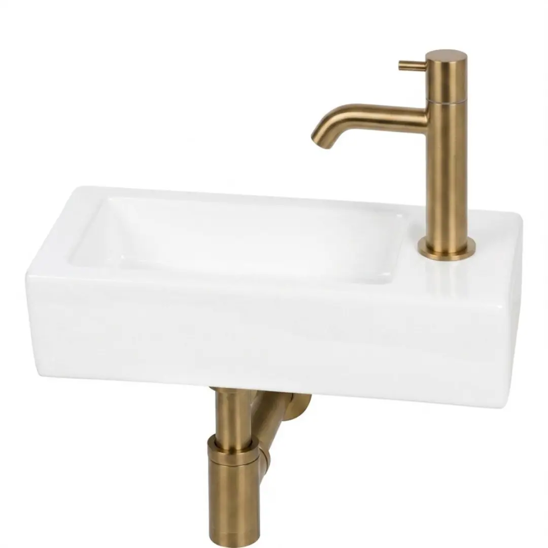 Saqu Trento fonteinset glans wit keramiek incl. geborsteld messing kraan rechts
