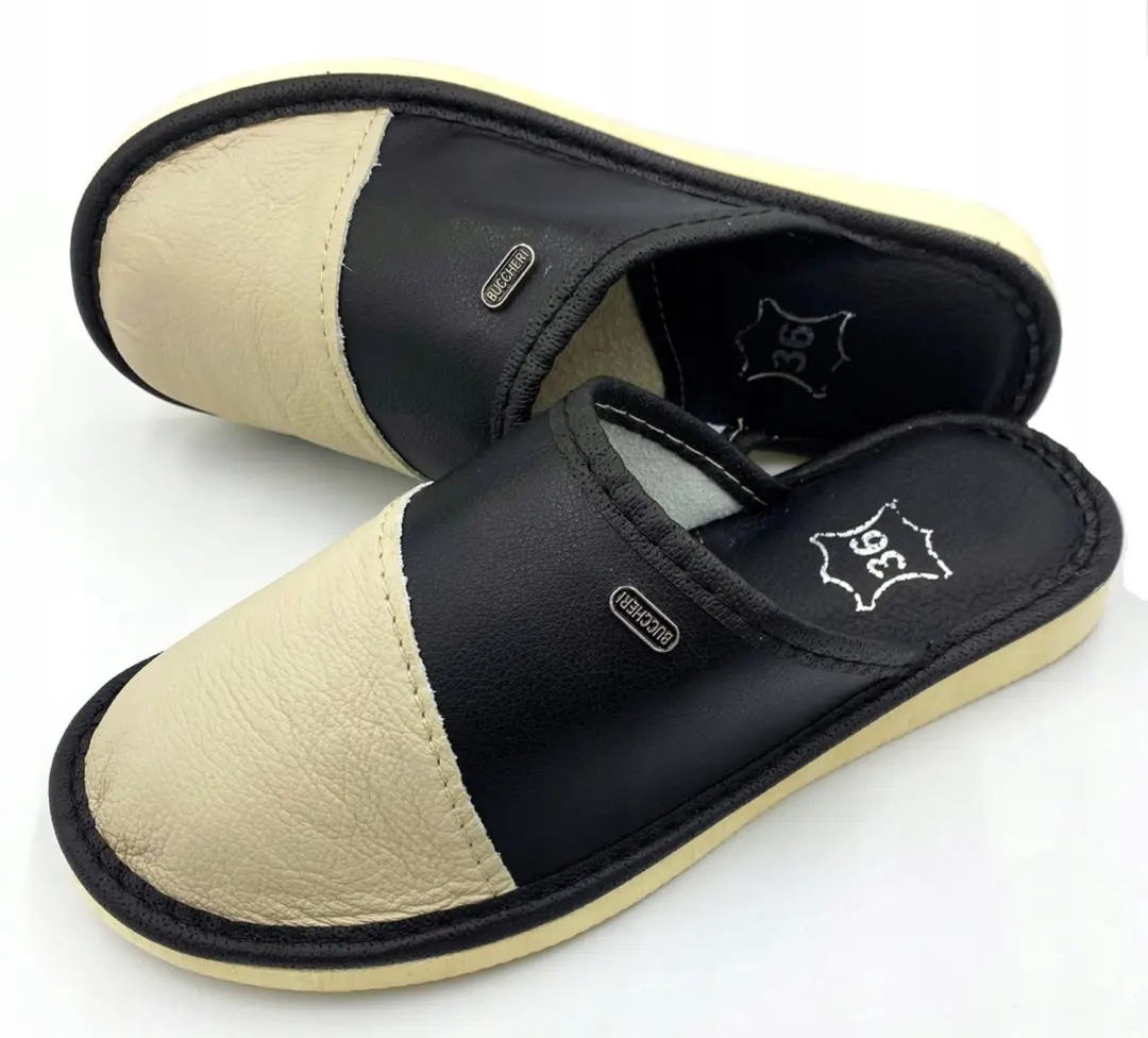 Dames Pantoffels Leer Maximus Beige-Zwart Maat 38