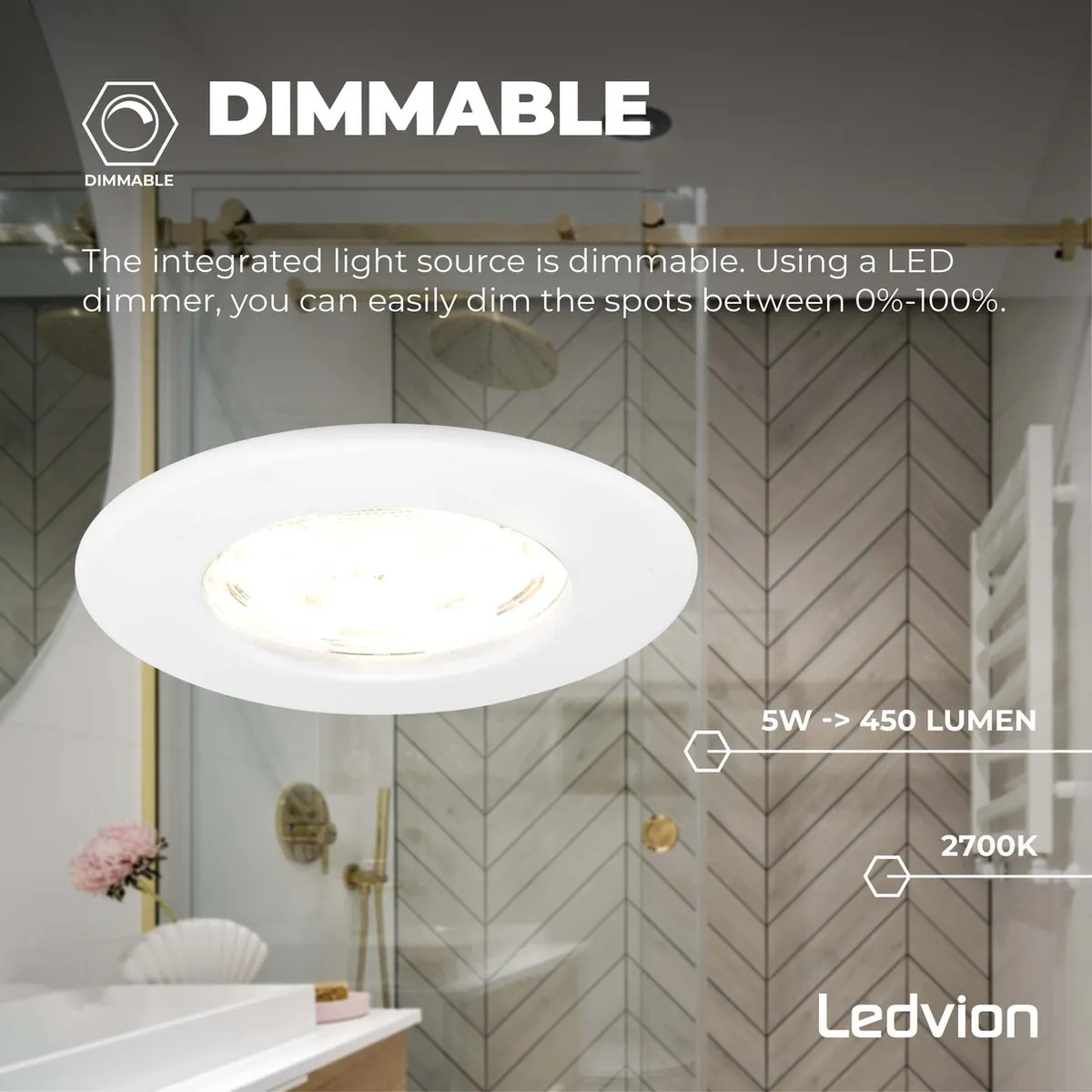 Ledvion LED Inbouwspot 5W 2700K Ø84mm - IP65 Wit