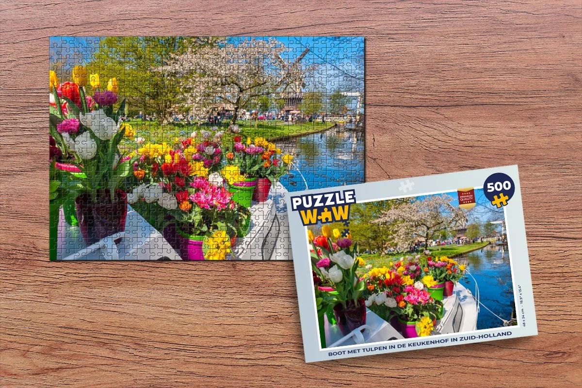 PuzzleWow Legpuzzel Boot met tulpen Keukenhof 500 Stuks - Multicolor