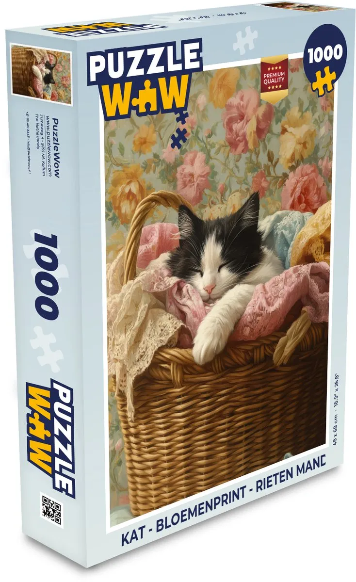 PuzzleWow Kat Bloemenprint Legpuzzel 1000 Stuks - Rieten Mand