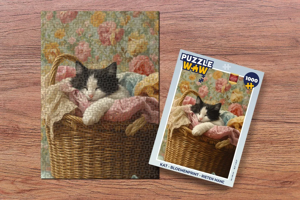 PuzzleWow Kat Bloemenprint Legpuzzel 1000 Stuks - Rieten Mand