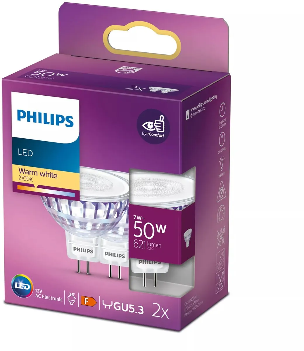 Philips LED Spot GU5.3 7W Warmwit - 2 Stuks