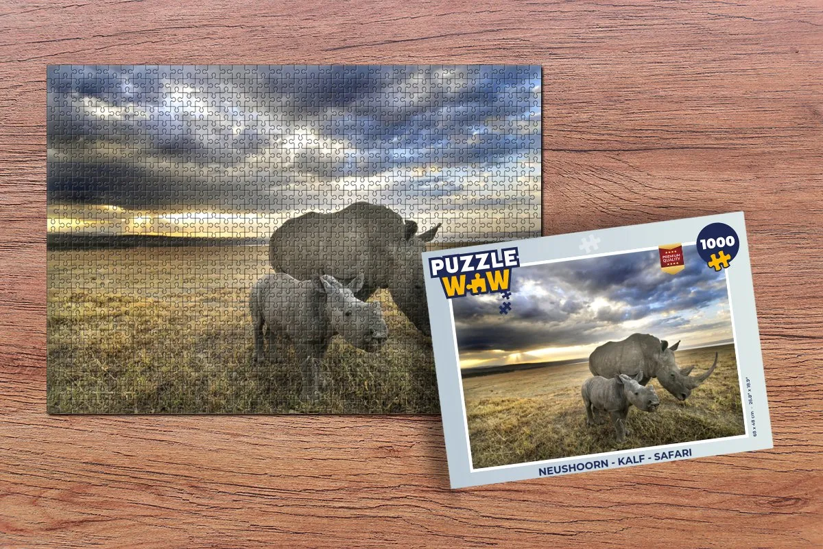 PuzzleWow Neushoorn Kalf Safari Legpuzzel 1000 Stuks - Multicolor