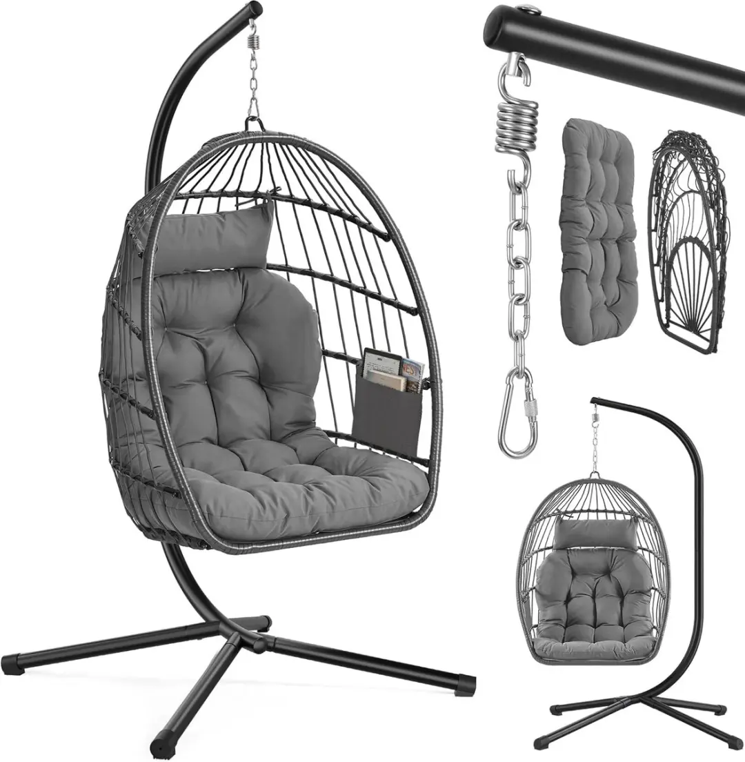 SONGMICS Hangstoel met frame, hangende schommel buiten, mandstoel, opvouwbaar en