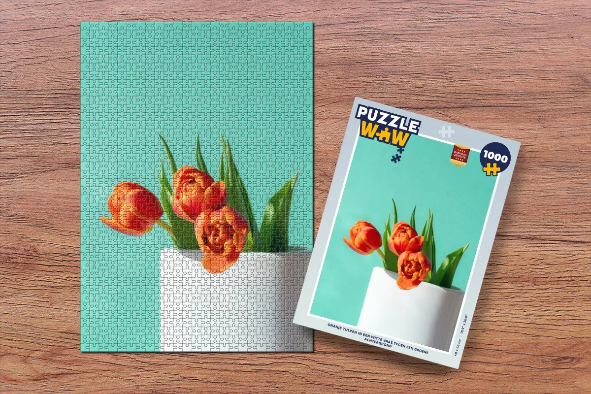 PuzzleWow Legpuzzel 1000 Stuks - Oranje tulpen in witte vaas