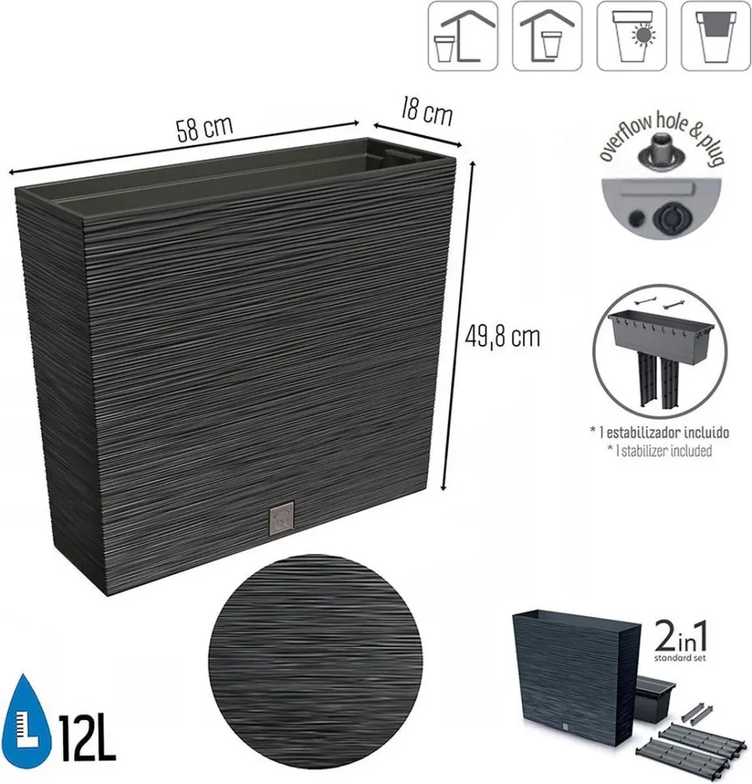 Prosperplast Furu Case Tower Bloempot 12L - Antraciet - afbeelding 2 van 6