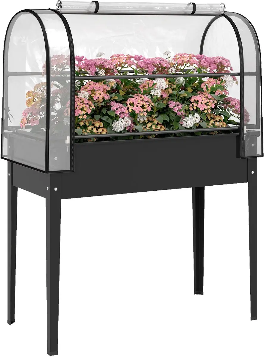Outsunny Verhoogde Plantenbak-Kunststof, Metaal-100L x 49B x 136H cm-Zwart