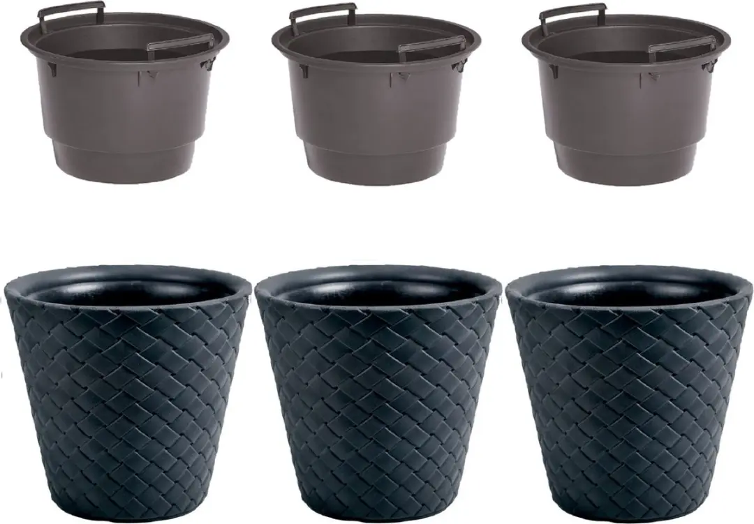 3x Kunststof Matuba rotan bloempotten/plantenpotten antraciet 50 cm inclusief bi