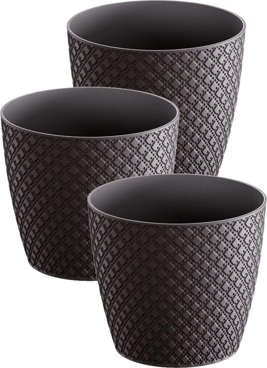 Prosperplast Orient stijl plantenpot - 3x stuks - kunststof - antraciet grijs - dia 13 cm - hoogte 11 cm - voor binnen en buiten