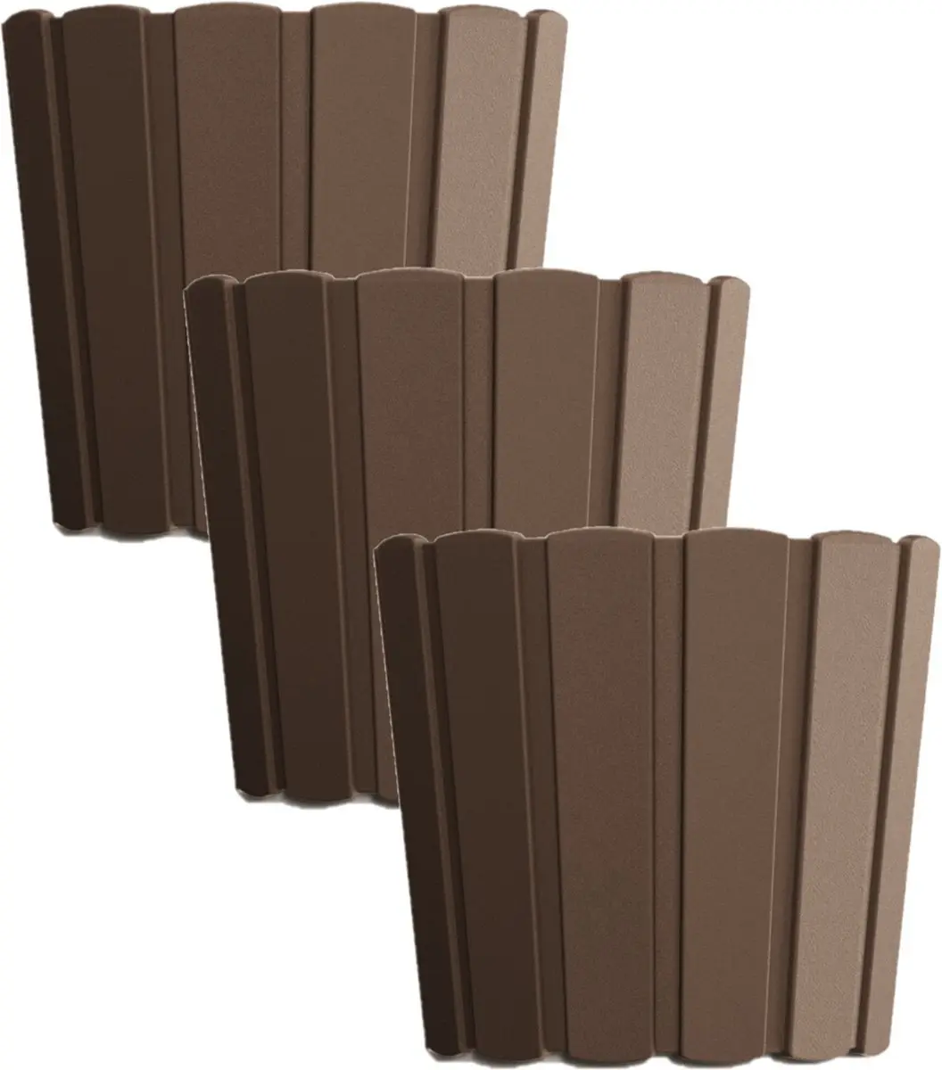 Set van 3x stuks wood-look plantenpot/bloempot kunststof dia 24 cm/hoogte 22 cm houtbruin voor binnen/buiten