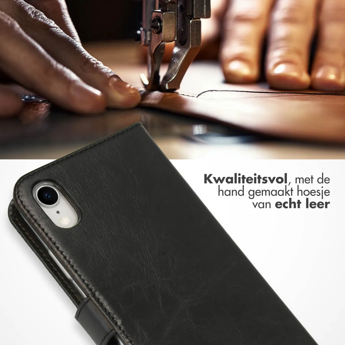 Selencia Hoesje iPhone XR Echt Lederen Bookcase - 3 Pasjes - Zwart