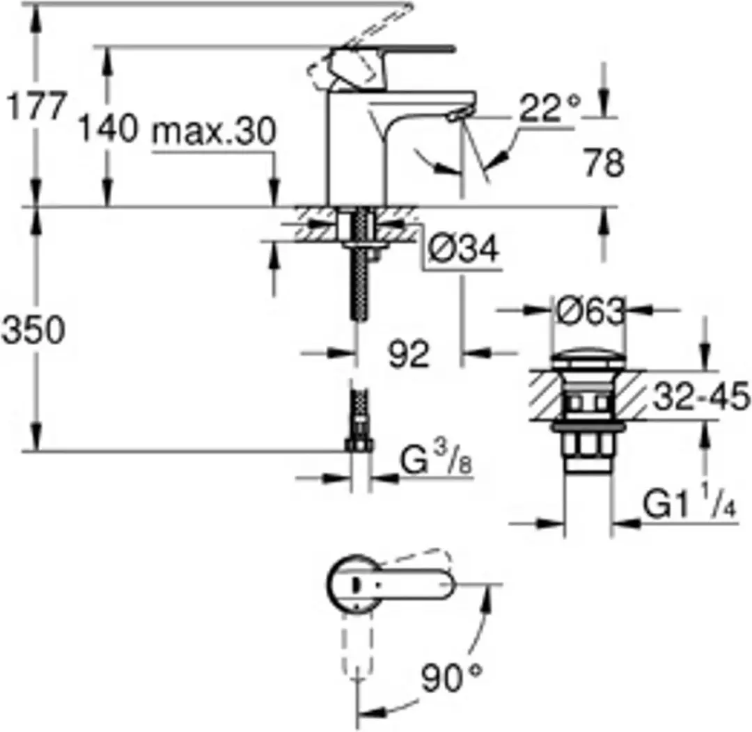 Grohe Get Wastafelkraan S-size ES Push Open Chroom - afbeelding 3 van 3