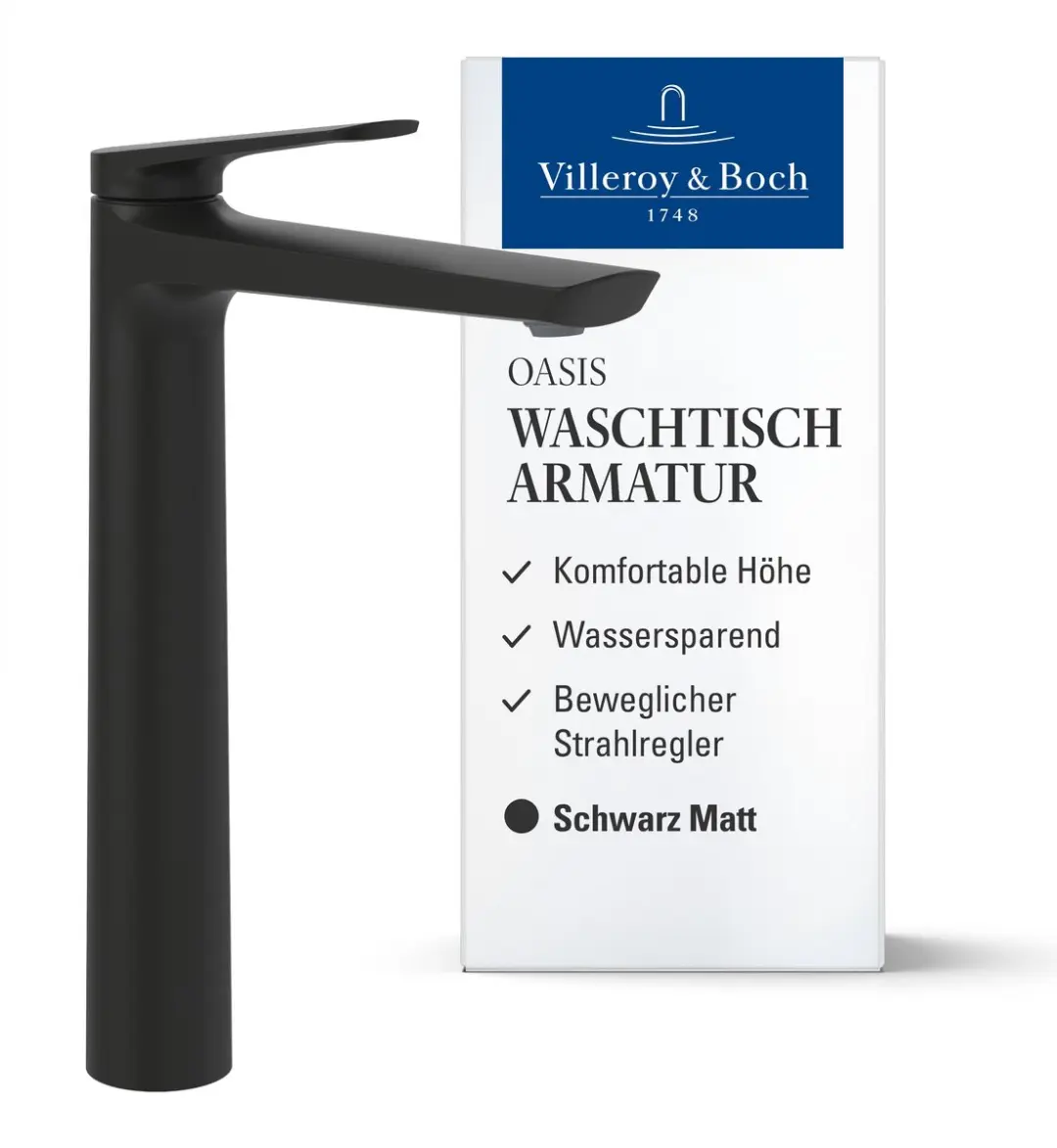 Villeroy & Boch Oasis verhoogde wastafelmengkraan, waterbesparend, mat zwart, 245mm