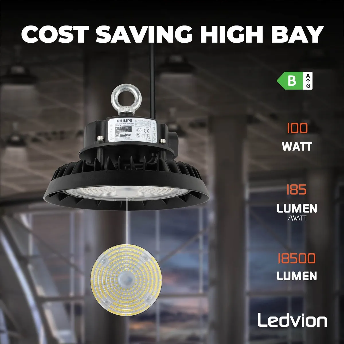 Ledvion LED High Bay 100W 6500K - 185lm/W IP65 Zwart
