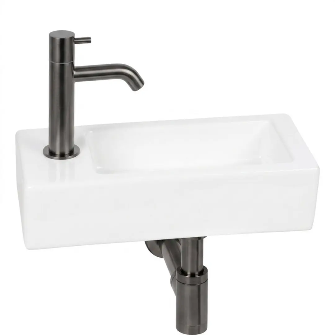 Saqu Trento fonteinset glans wit keramiek incl. gunmetal kraan links
