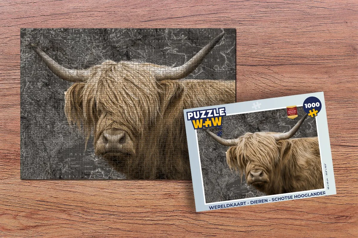PuzzleWow Wereldkaart Dieren Schotse Hooglander Legpuzzel 1000 Stuks - Multicolor