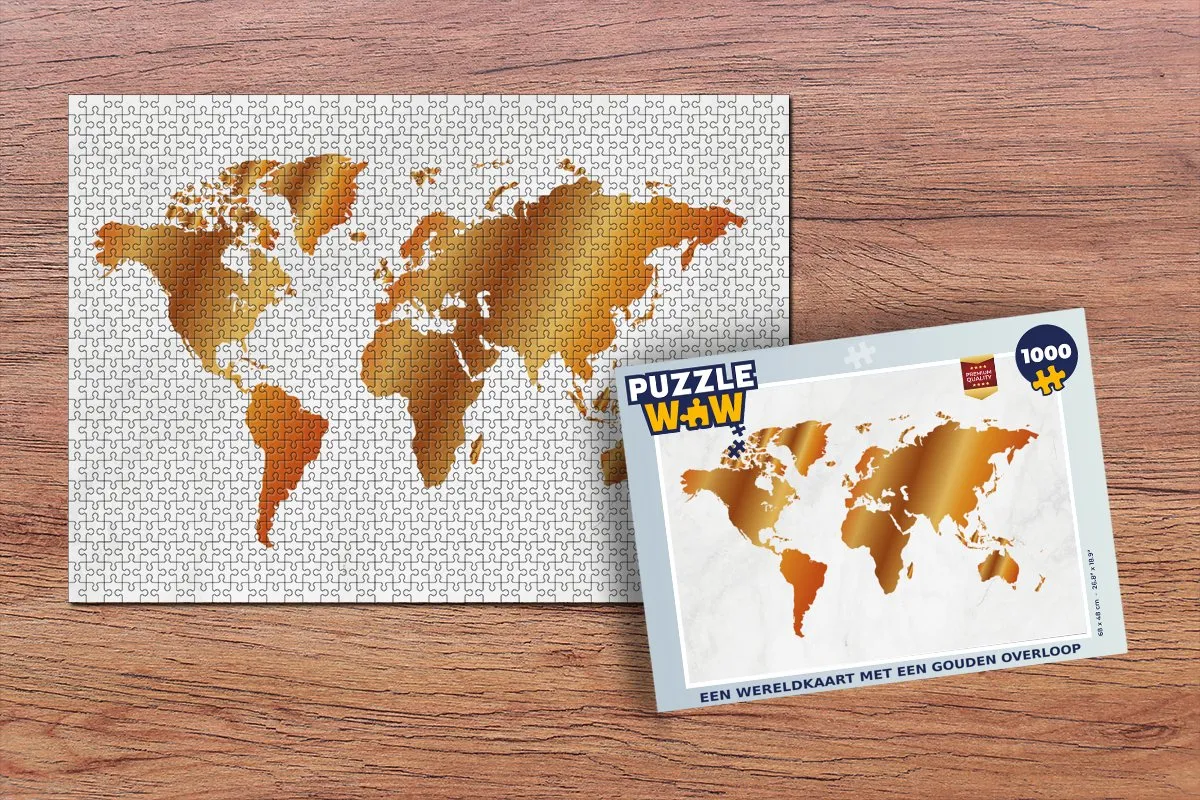 PuzzleWow Wereldkaart Legpuzzel 1000 Stuks - Marmerprint Goud